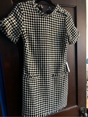 Black and White Tweed Mini Dress with Fringe Trim